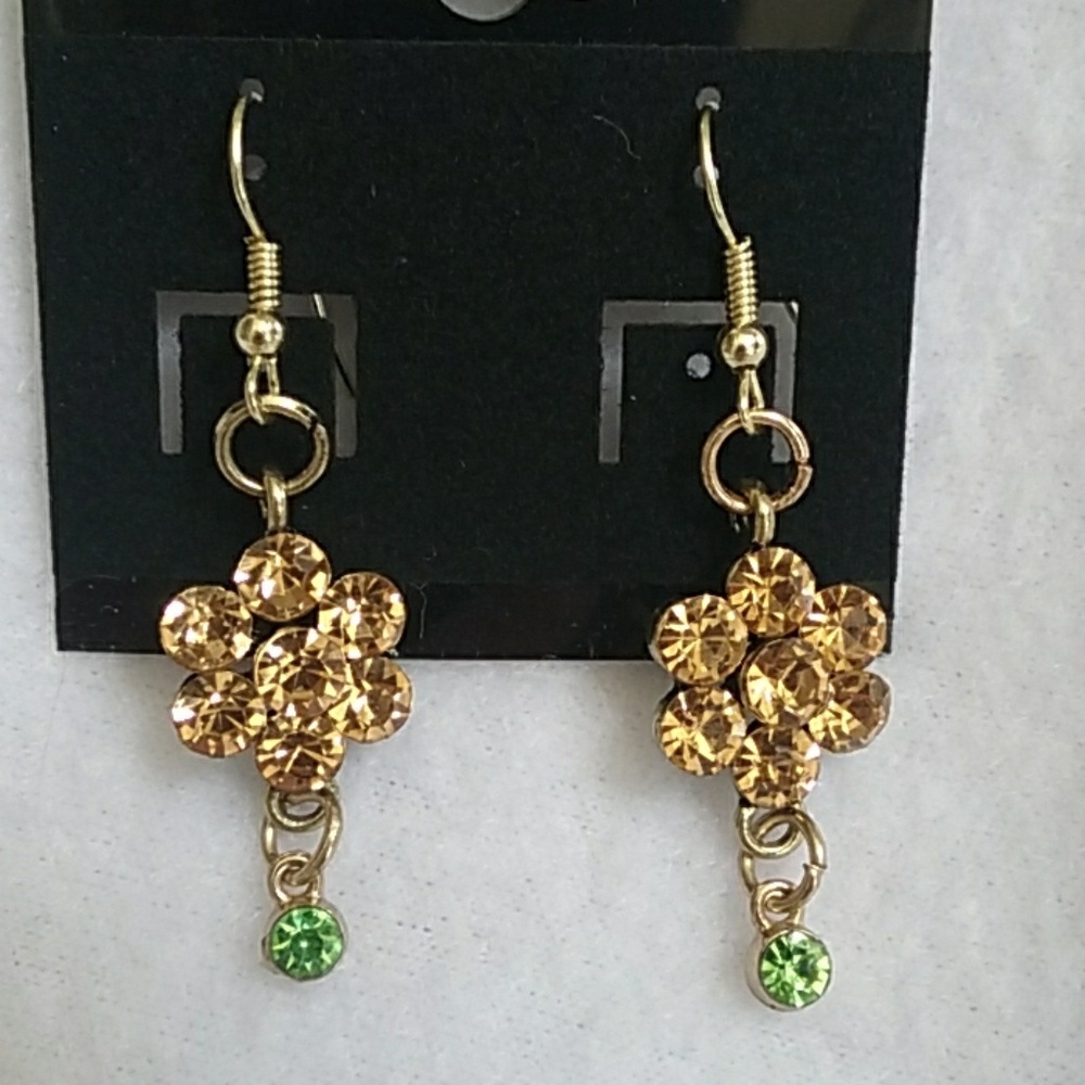 Gold & green rhinestone floral hook earrings